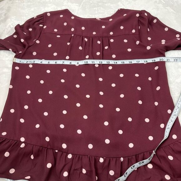 Loft Women's Size M Long Sleeve Split Neck Peplum Blouse Maroon With White Dots - Picture 10 of 11